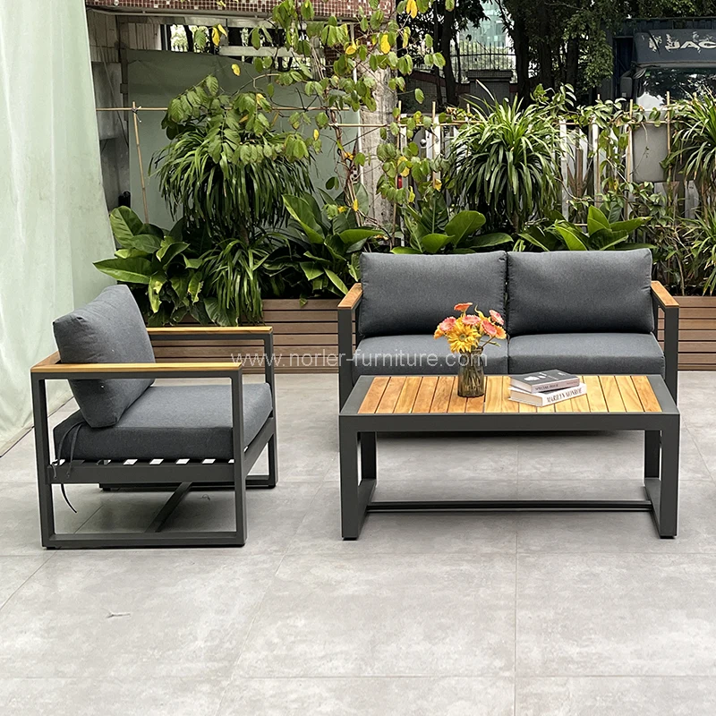 Khung nhôm ngoài trời chất lượng cao, ghế sofa tay vịn gỗ