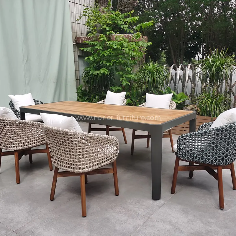 Khung nhôm bằng gỗ tếch ngoài trời bộ pe rattan bộ ăn uống