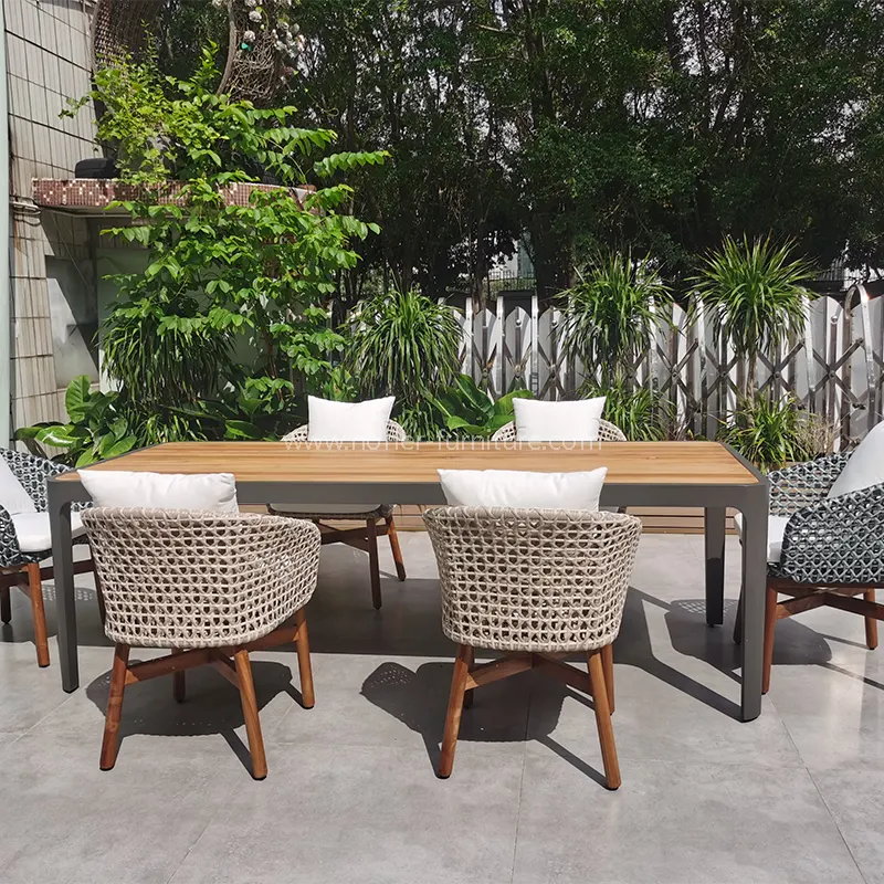 Khung nhôm bằng gỗ tếch ngoài trời bộ pe rattan bộ ăn uống
