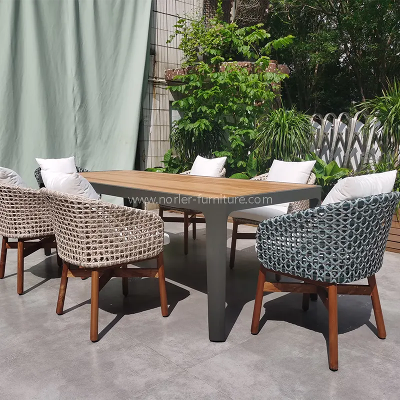 Khung nhôm bằng gỗ tếch ngoài trời bộ pe rattan bộ ăn uống