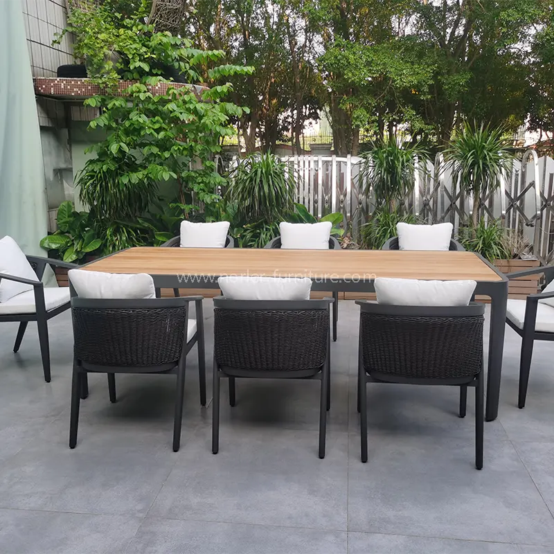 Khung nhôm bằng gỗ tếch ngoài trời bộ pe rattan bộ ăn uống